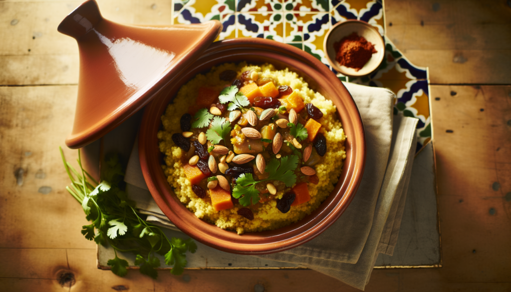 Marrakech-style vegetable couscous with sweet raisins and toasted almonds, served in a bowl