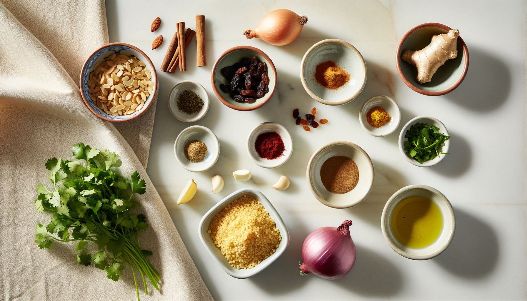 Flat-lay of ingredients for vegetable couscous with raisins and almonds, including couscous, vegetables, and spices