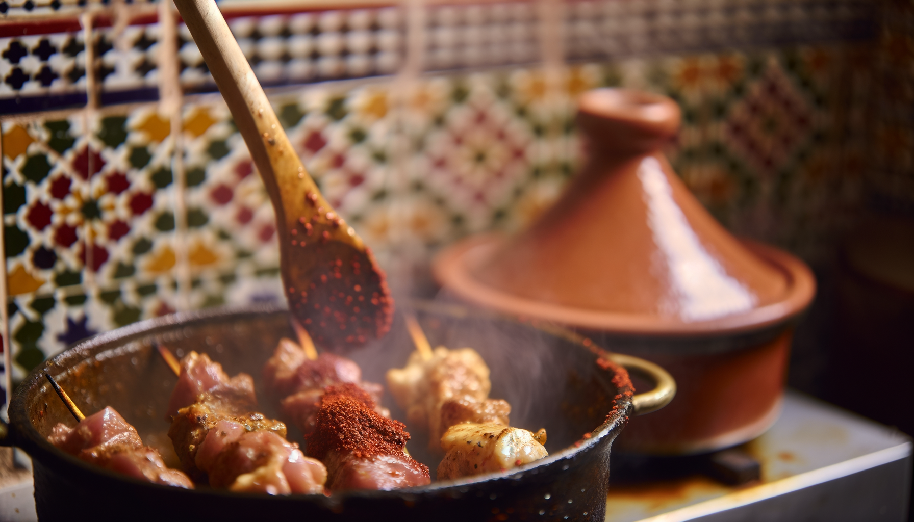 Action shot of grilling Za'atar and Sumac Chicken Brochettes on a barbecue