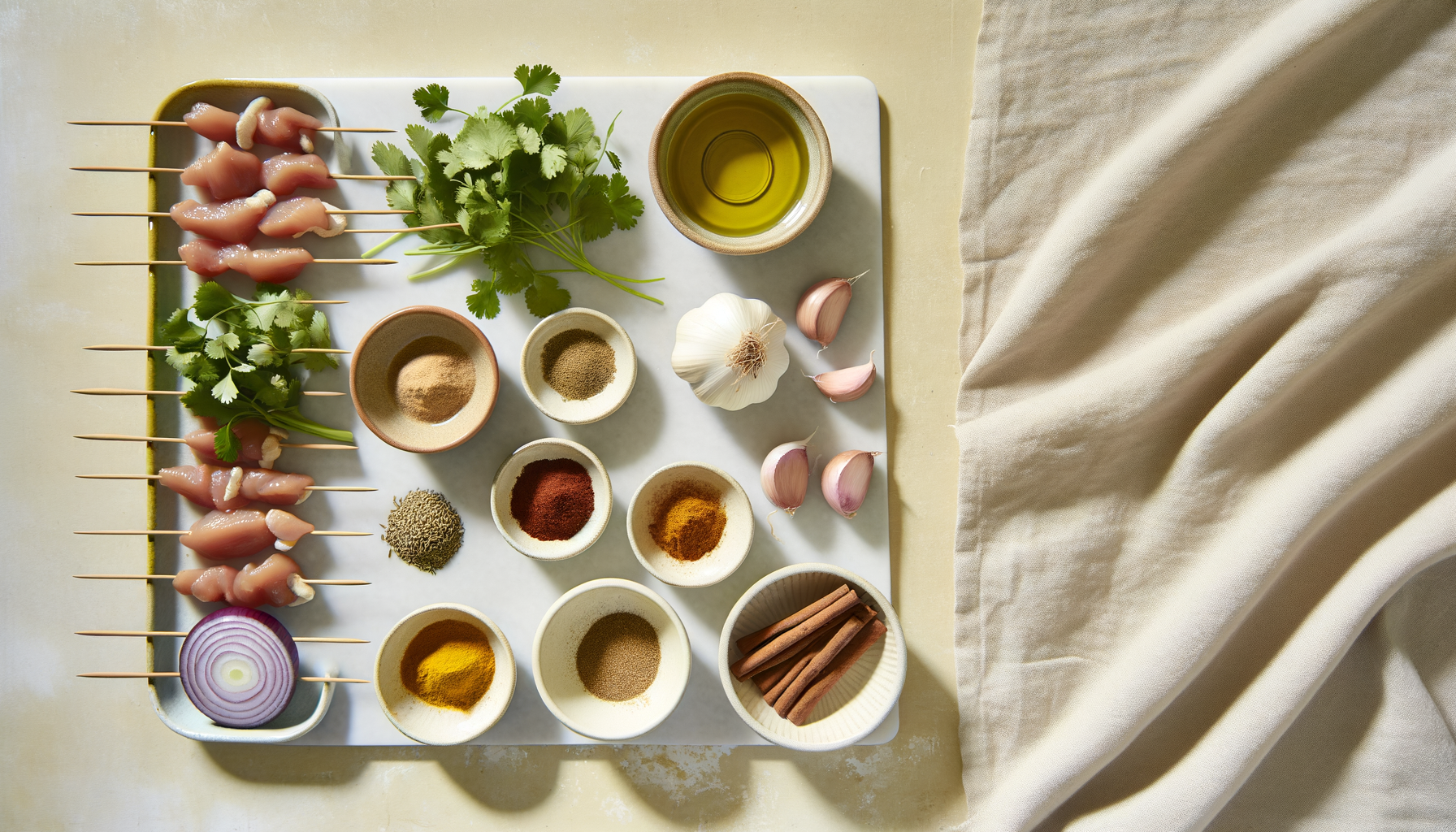 Flat-lay of ingredients for Za'atar and Sumac Grilled Chicken Brochettes